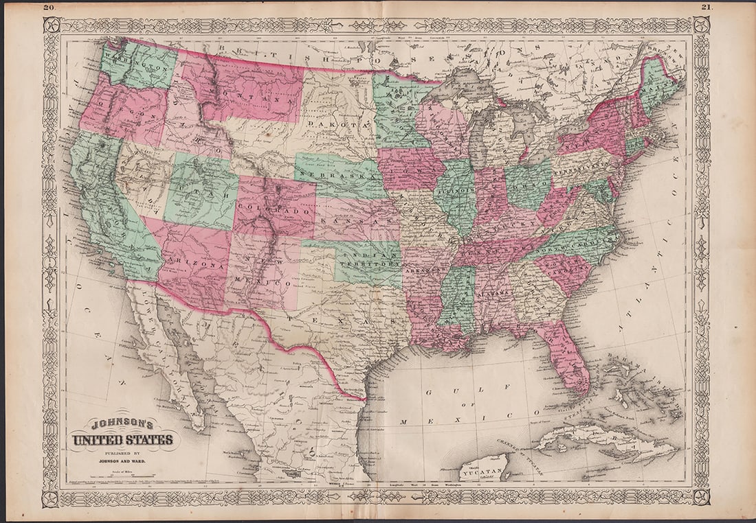 Large 1864 U. S. map showing Civil War forts: Johnson’s great map of the United States produced at a time when the outcome of the Civil War was still in doubt. Many forts are located along the East Coast, indicating how the war was on every