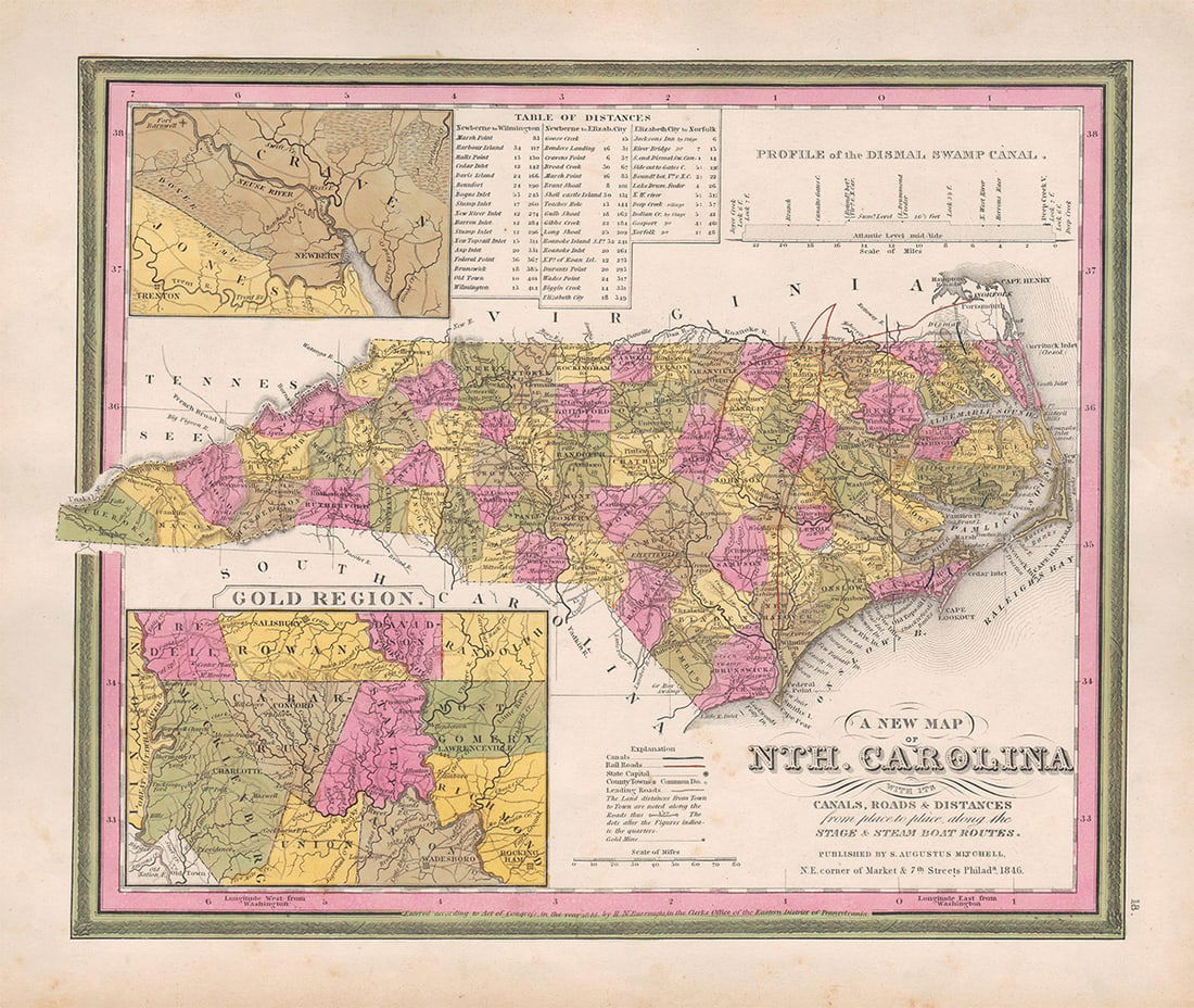 Scarce 1846 1st printing of N. Carolina map showing Gold Region (1 of 7)