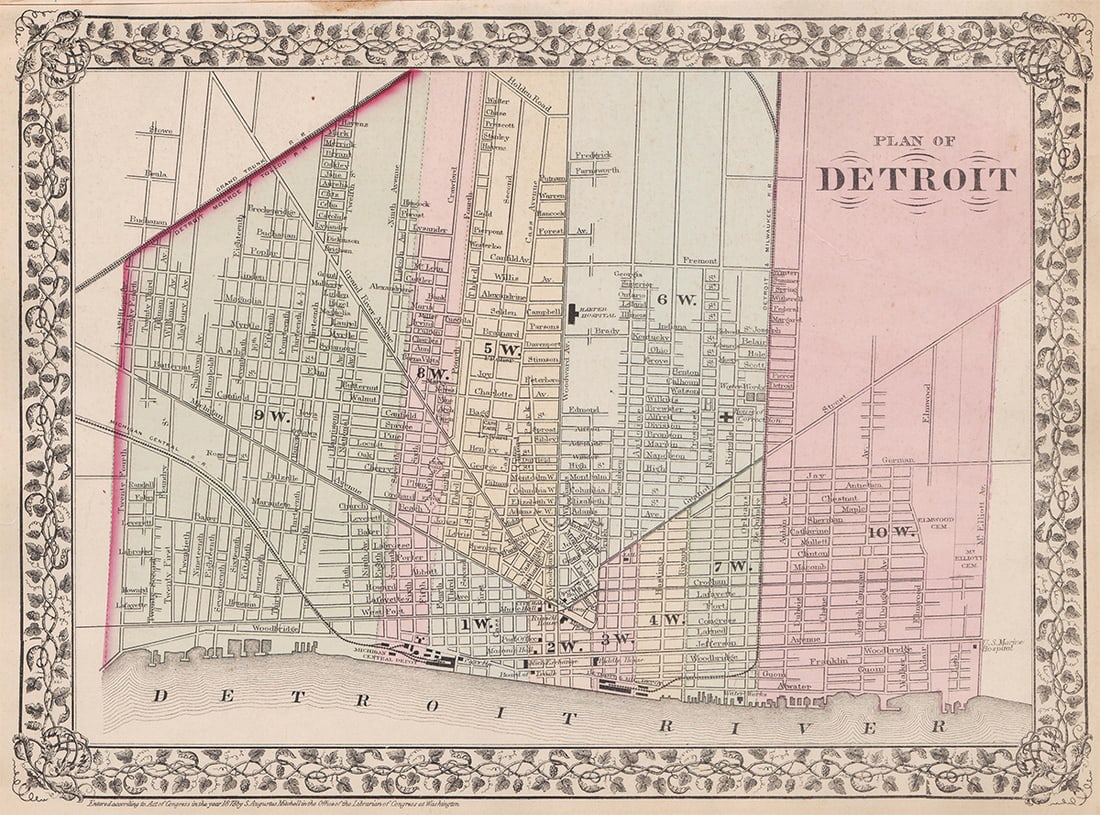 Authentic antique map of Detroit - 1873: Antique hand-colored lithographic map of the city. Shows Michigan Central railroad lines and the Central Depot as well as Detroit and Milwaukee railroad with its depot. Current Midtown section of the 