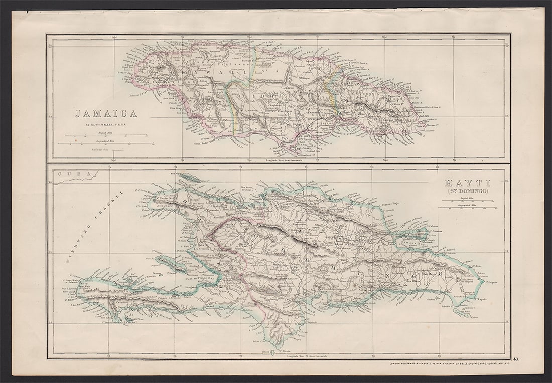 Maps of Jamaica and Hayti (St. Domingo) by Edw. Weller: Two maps on one sheet, the top showing Jamaica, and the bottom, the island of Haiti and Hispaniola. Highly detailed showing numerous harbors, points, bays and other coastal features. Original outline 