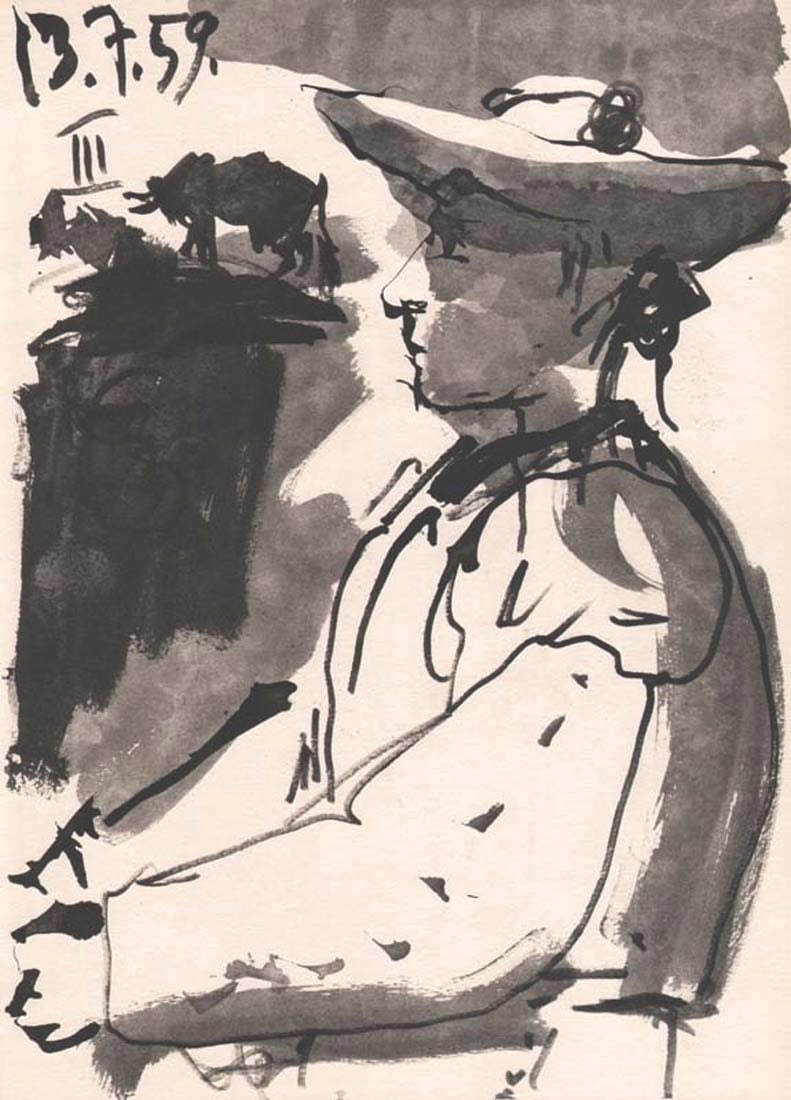 Pablo Picasso Toros y Toreros 3 dated 13/7/59: Artist: Pablo Picasso County: Spain Title: Toros y Toreros 3 dated 13/7/59 Medium: Bichromie Paper size: On vellum 14.75 x 10.50 inch Publisher: 1961 by Editions Cercle d'art, France Provenance: Sketc