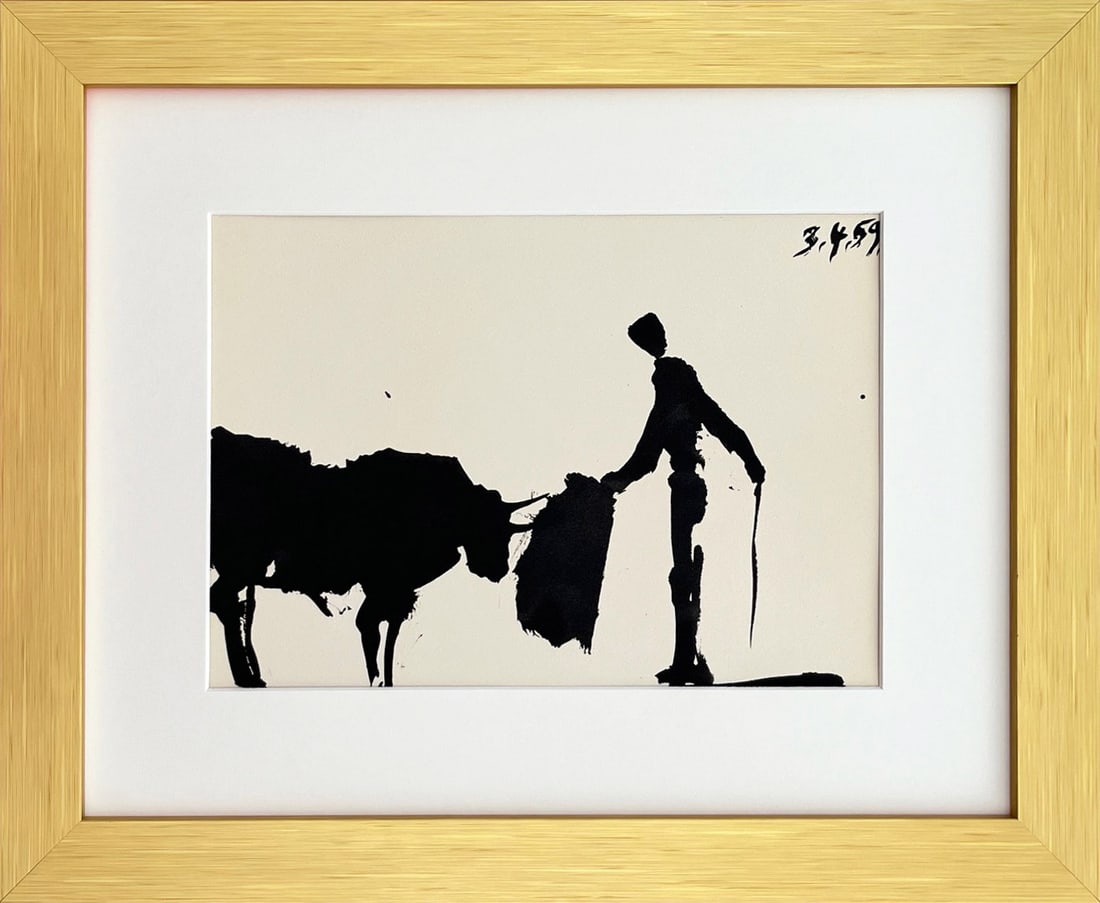 Pablo Picasso Framed Toros y Toreros I dated 3/4/59: Artist: Pablo Picasso Country: Spain Title: Toros y Toreros I dated 3/4/59 Medium: Bichromie Marks: Not signed, not numbered Paper size: Vellum 14.75 x 10.50 inch Publisher: Editions Cercle d'Art 1961