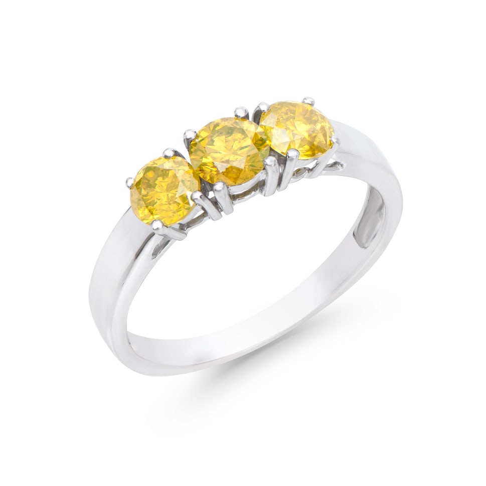 1.26 CTS TW CERTIFIED DIAMONDS 14K WHITE GOLD DESIGNER 3 STONE RING SIZE 7.5 WITH YELLOW COLOR (1 of 4)