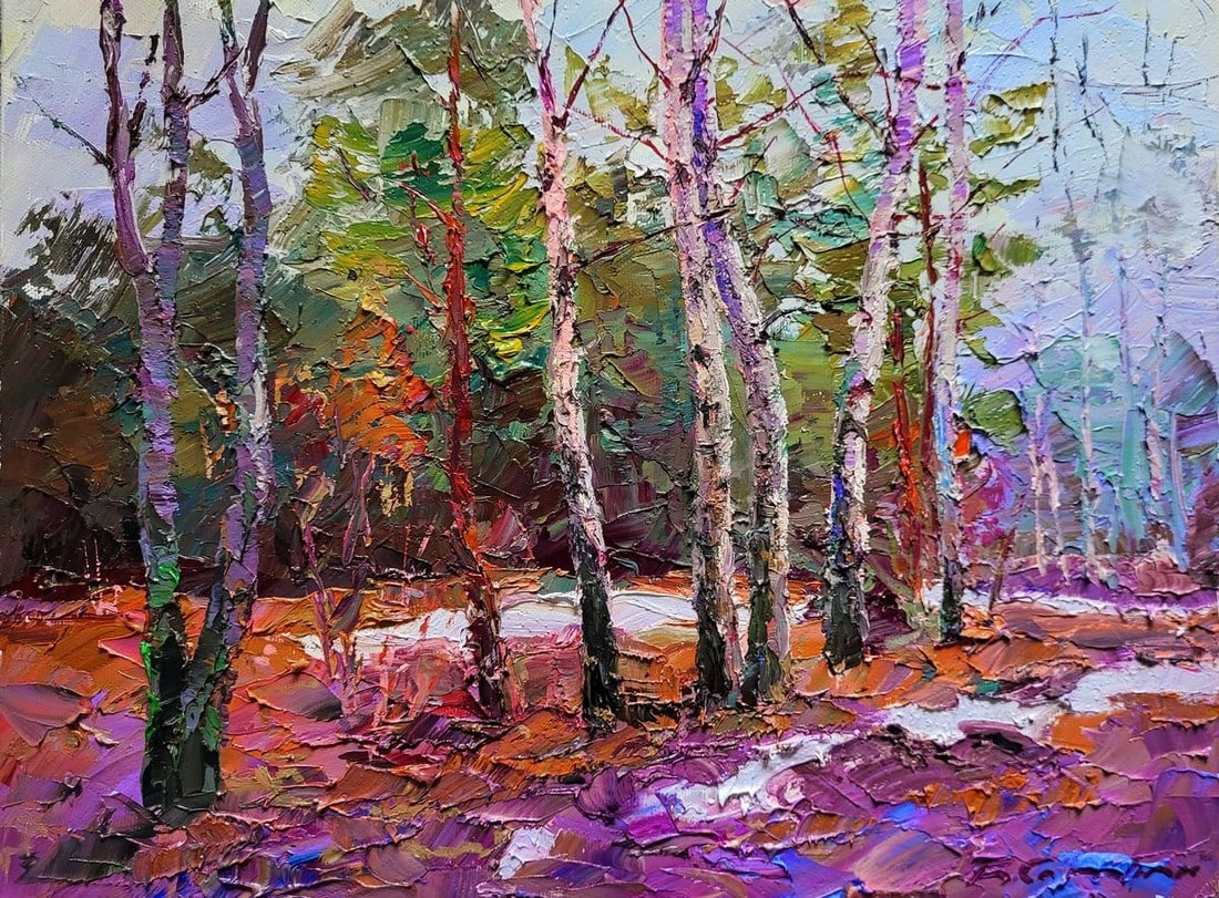 Oil painting The beginning of spring Boris Serdyuk: №SERB 1117 The painting titled "The Beginning of Spring" beautifully captures the transition between winter and spring, a time when nature awakens from its slumber. The scene depicts a peaceful 