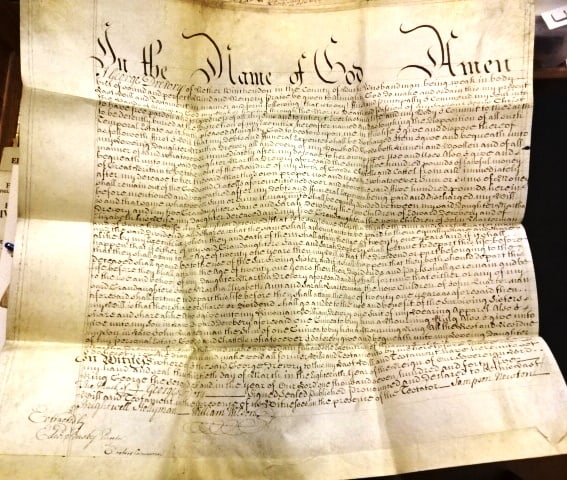 1745 Beautifully Penned Vellum English Will: Beautifully penned English Will of George Drewry, Husbandman, of Nether Wichendon of the County of Buck dated 1745. Signed at bottom by Edward Busby Proctor. Fine condition, measures 22 x 21". Accompa