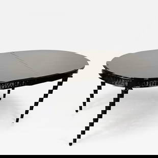 Faux Bamboo and Wicker Dining Table, Ebony, American of Martinsville: Faux Bamboo and Wicker Dining Table, Ebony, American of Martinsville A faux bamboo and wicker dining table with two leaves by American of Martinsville, fully refinished in an eye-catching black lacque