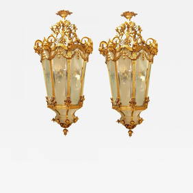 Pair of Monumental Louis XVI Style Doré Bronze Large Rams Head Lanterns (1 of 12)