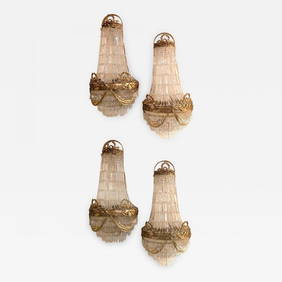 Louis XVI Style, Wall Sconces, Basket Form, Gilt Bronze, Crystal, France, 1940s (1 of 6)