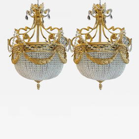 A Pair of Gilt Bronze Louis XVI Style Ballroom Chandeliers, Crystal, Rewired (1 of 8)