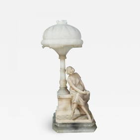 Art Deco Alabaster Domed Table Lamp Depicting a Seated Lady at a Street Lamp (1 of 10)