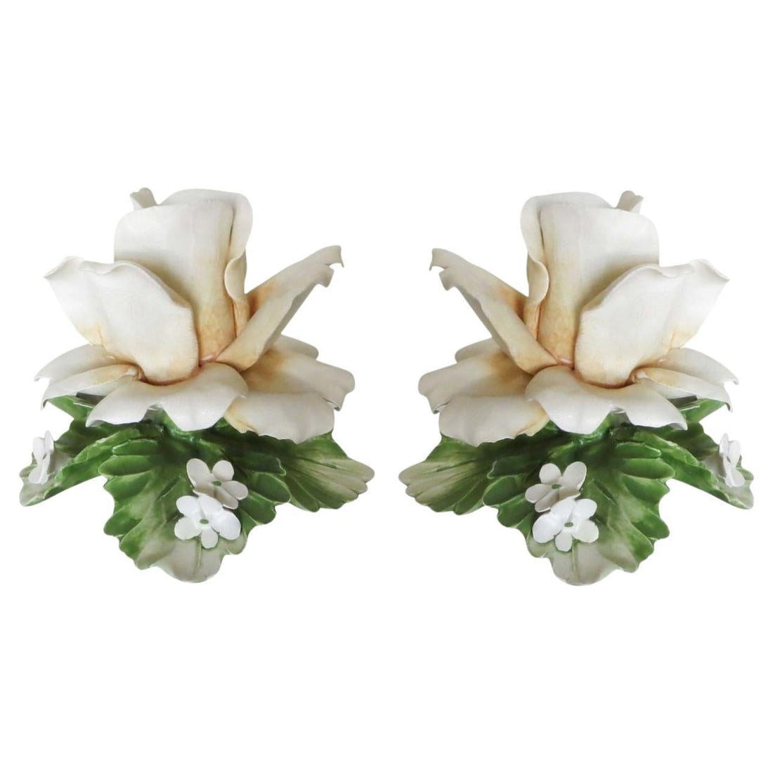 Floral Capodimonte Candlestick Holders by Mira Porcelain Italy, Pair: Pair of hand sculpted White Floral Candleholders in the Capodimonte Style by Mira Porcelain signed on the bottom "Mira Made in Italy K16061b" 5.25” diameter X 4” tall Italy, 1970 Dimension