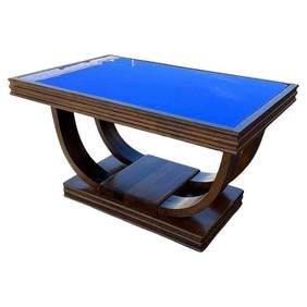 Streamline Art Deco Double Arch Rosewood Coffee Table w/ Colbalt Blue Glass Top (1 of 19)