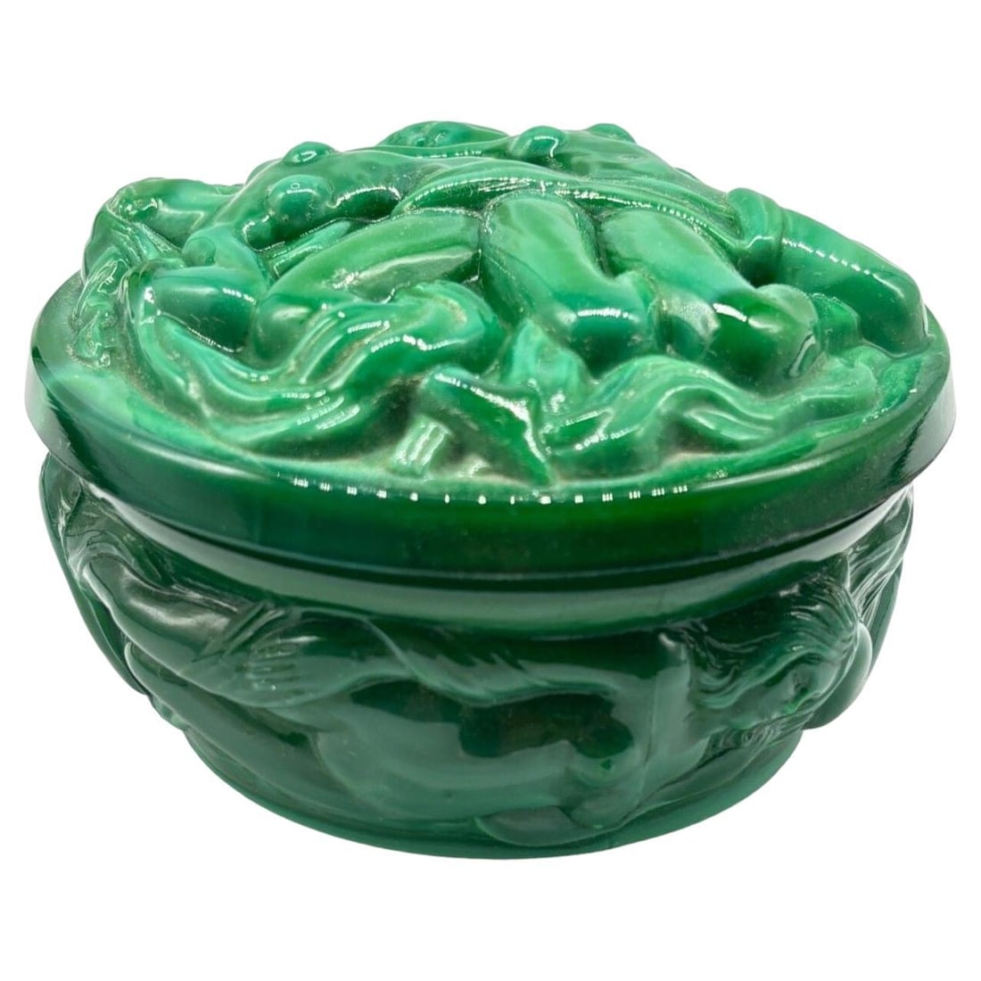 Green Naiads Glass Bonbonniere W/ Bacchantes Powder Box by Heinrich Hoffmann: Heinrich Hoffmann (1875-1938) jewelry/powder Box Bombonniere With Bacchantes Naiads Glass 1930 Art Deco Bombonniere with bacchantes in pressed molded green glass by Heinrich Hoffmann, famous Czech gla