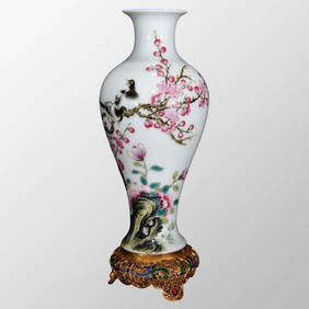 Chinese Famille Rose Flower Design Porcelain Vase W Gold Wires Enamel Inlay Red Coral & Gem Base (1 of 10)