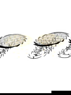 Pair Center Dining Tables: Title:Pair Center Dining Tables Description:Pair round tables geometric design. The tables tops are made of clean glass. The bases are composed of black metal frames decorated with bronze ball.Manner