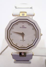 New 18k Gold Plated ROMANSON Swiss Ladies Watch w/White Genuine Leather R9005M (1 of 6)