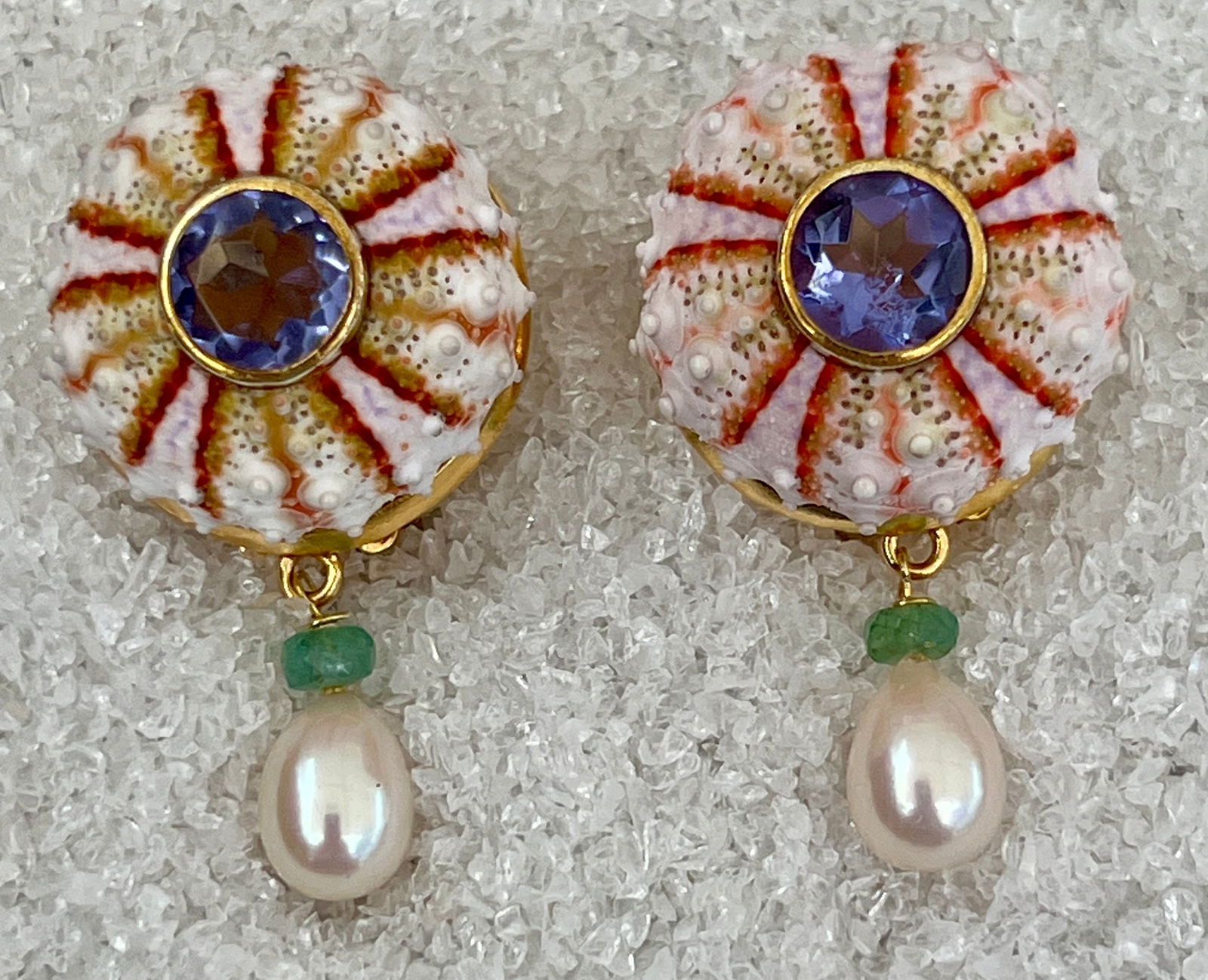Pair of Sea Urchin Earrings with Tanzanite & Pearls: Charming Pair of Colorful Sea Urchin Earrings with large round Tanzanite Gems and Emerald and Pearl Drops - Vermeil - Signed CSS - Clip/Post Back - 1.5" Drop Reserve: $516.75 Shipping: Domestic: Shipp