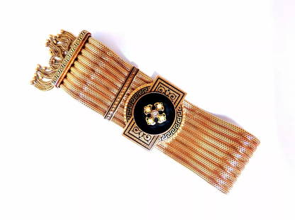 Antique European Slide Cuff Emblem Iconic Bracelet 14kt &Tassel Slide Adjustable: Original European Antique Iconic Bracelet Flat Mesh, Durable Flex Link Bracelet Celtic Cross Statement Cuff Approximate: 7.5 inch / wearable length Several damages throughout: Mesh has bend crease in