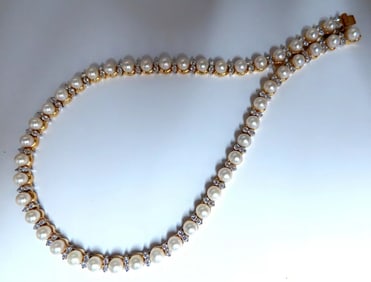 3.03ct Natural Akoya Pearls & Diamonds Riviera Necklace 14kt