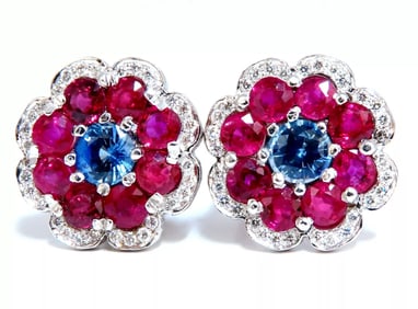 7.30Ct Natural Ruby Sapphire Diamond Cluster Earrings 14 Karat Clip Cocktail