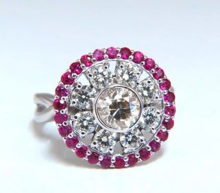 .76ct Fancy Color Diamond Ruby Cocktail Circular Cluster Halo Ballerina Ring 14k