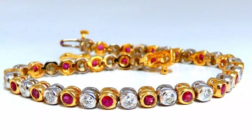 3.84ct Natural Ruby Diamonds Tennis Bracelet Alternating Two Toned
