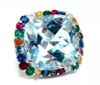 GIA Certified 41.62ct Natural Aquamarine Diamonds & Color Sapphires Ring 14kt