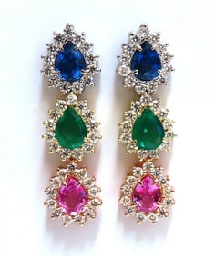 13.24ct Natural Emeralds & Sapphires Three Tier Dangle Earrings 18 Karat Pears