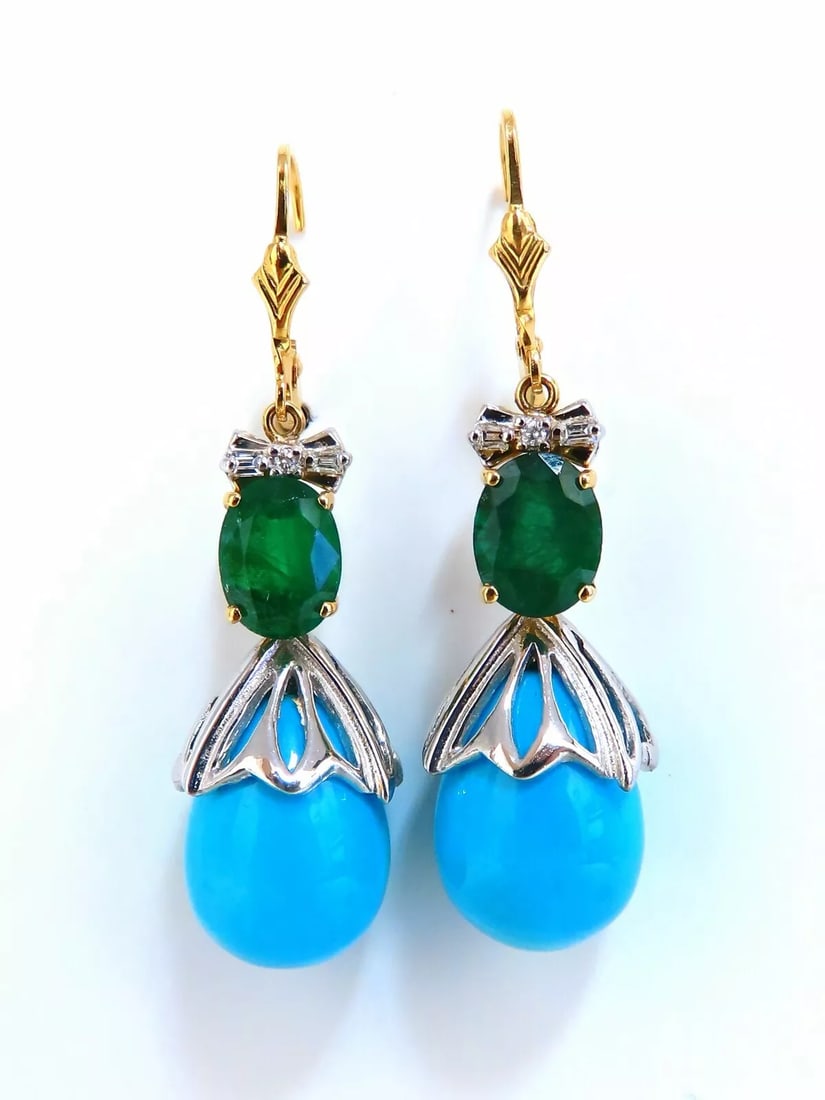 3.20ct Natural Emeralds Turquoise Diamonds Dangle Earrings 14 Karat: Parisian Retro Redux Emerald, Turquoise & Diamonds Dangle Earrings. 3.00ct. Natural (2) Emeralds Emeralds: Oval brilliant cuts. Transparent & Even Green tone. Ranging: 8.8 X 6.7 mm .20cts of round dia