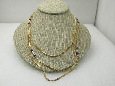 Vintage Triple Stand Navy Beaded Gold Tone Necklace, Sarah Coventry, 22", 24", 26", 1960's-1970's NL
