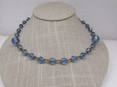 Vintage Blue Glass Beaded Necklace, 18", 1940's-1960's