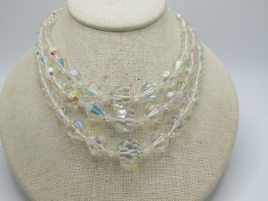 Vintage AB Crystal Necklace, Triple Strand 17", Graduated, 1940's-1950's