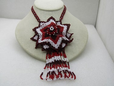 Vintage Southwestern Red & White Seed Beaded Necklace, Large Red Flower, 20"