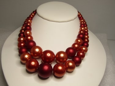 Vintage Two-Strand Graduated Faux Pearl Necklace, Japan, Coral to Red Tones, 17", 1940's-1950's
