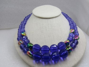 Vintage Double Strand Purple Beaded Necklace, Peacock Beads, 20"