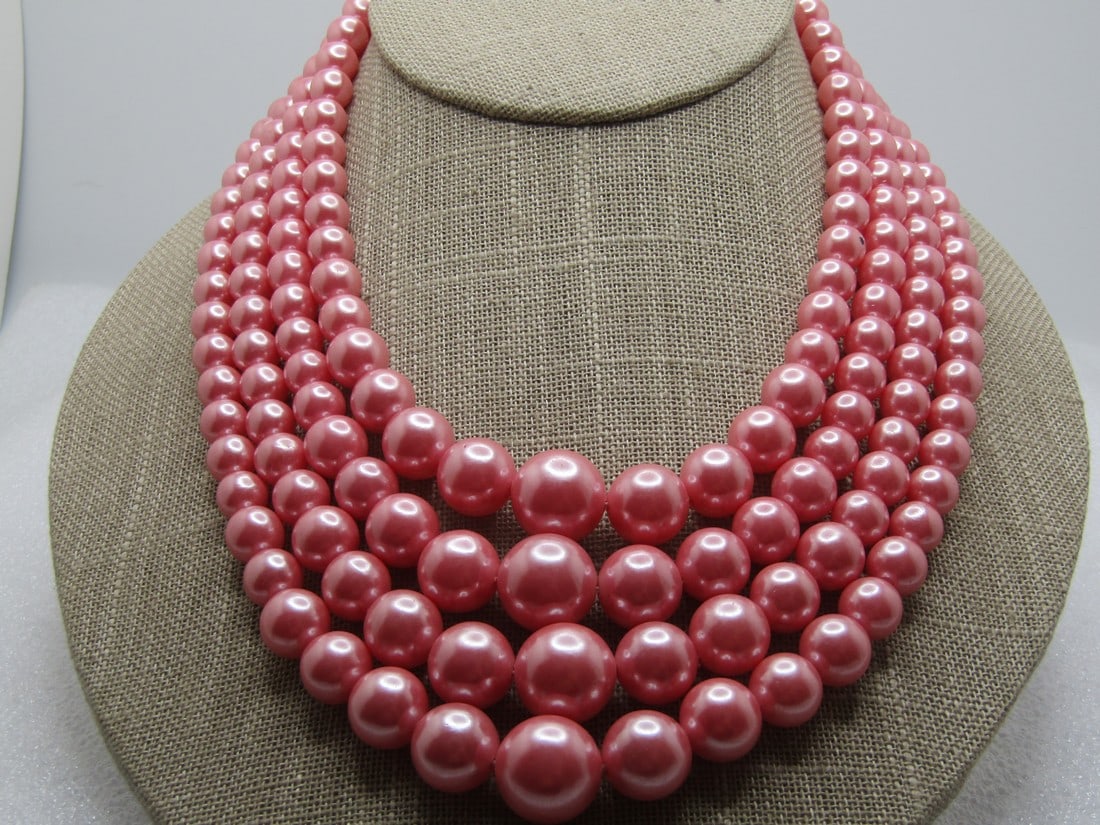 Vintage Four Strand Pink Beaded Necklace, Graduated & Shimmery, 1940's-1950's, Japan (1 of 4)
