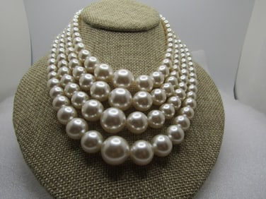 Vintage Four Strand Graduated Faux Pearl Necklace, Japan, 16", 1950's-1960's