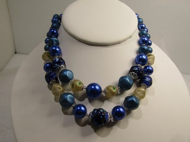 Vintage Blue & Frosted Beaded Necklace, Japan, Double Strand, 15", 1945-1950's