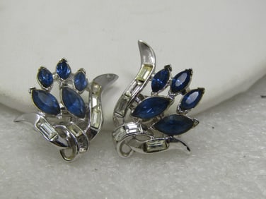 Vintage Blue & Clear Rhinestone Earrings, Clip, 1940's-1950's, Crown Trifari