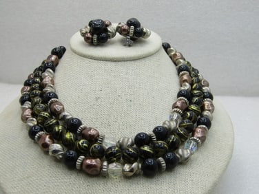 Vintage Black, Gold Beaded Multi-Strand Necklace Earrings Set, 17", 1950's-1960's
