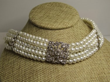 Vintage Five Strand Faux Pearl Rhinestone Necklace, Choker, 14.5"-17", 1980's-1990's