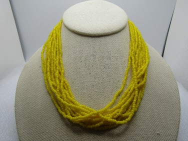 Vintage Multi-Strand Yellow Necklace, 12 Stands Seed Beads, 21", Mid-Century
