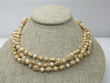 Vintage Triple Strand white/Gold Necklace, Nugget-like. 17", Japan