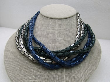 Vintage 6 Strand Blue & Green Enameled & Silver Tone Necklace, 29",
