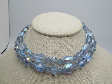 Vintage Blue AB Crystal Necklace, 15", Aurora Borealis, 1940's-1950's