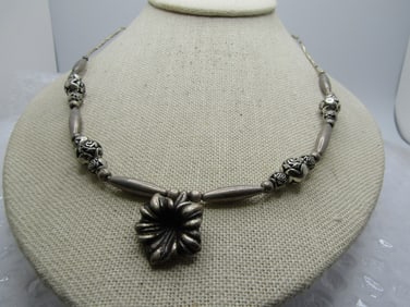 Vintage Southwestern Silver & Rose Beaded Necklace with Lily Pendant, 19.5"