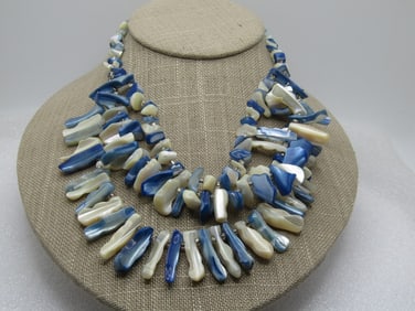 Vintage Blue & White MOP Triple Strand Necklace, Japan, 1940's-1950's