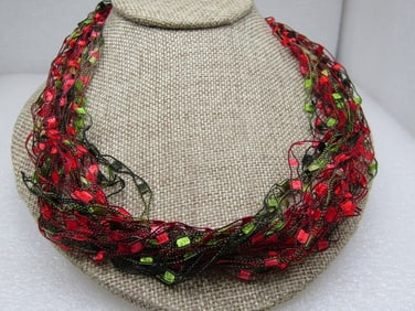 Vintage Multi-Strand Red/Green Silk Necklace, 22"