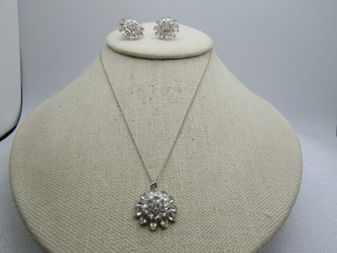 Vintage Rhinestone Blossom Necklace & Earrings, Screwback, Marked Sterling 1980's-1990's Signed