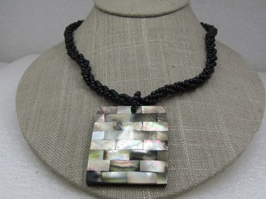 Vintage Southwestern Black Seed Beaded Ablone Necklace, 18"